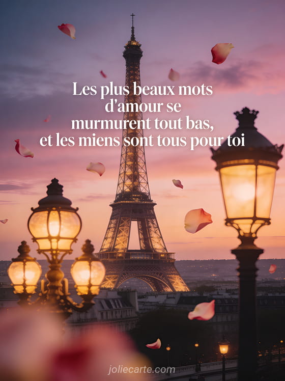 Tour Eiffel au crépuscule avec ciel rose et lanternes allumées et pétales de rose et le texte Les plus beaux mots d'amour
