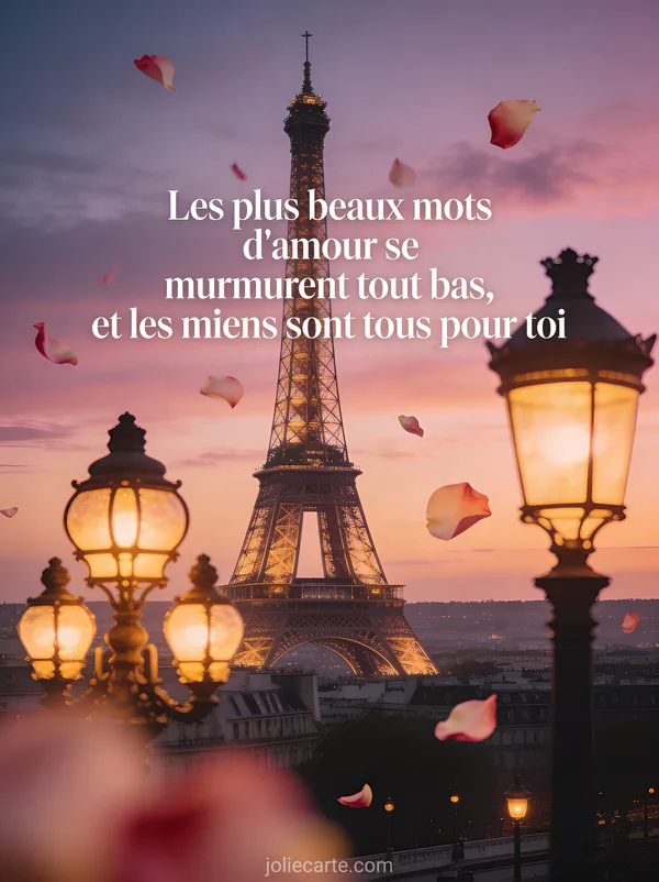 Tour Eiffel au crépuscule avec ciel rose et lanternes allumées et pétales de rose et le texte Les plus beaux mots d'amour