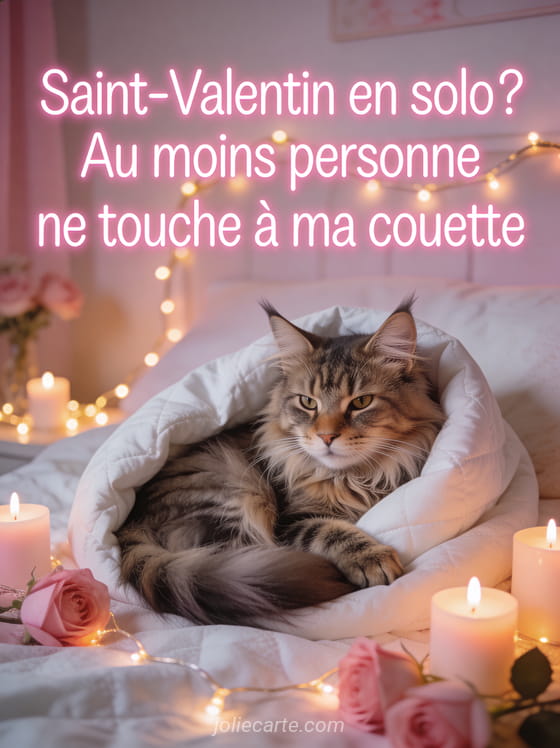 Chat maine coon majestueux enroulé dans une couette blanche avec bougies et guirlande lumineuse et le texte Saint-Valentin en solo personne ne touche à ma couette