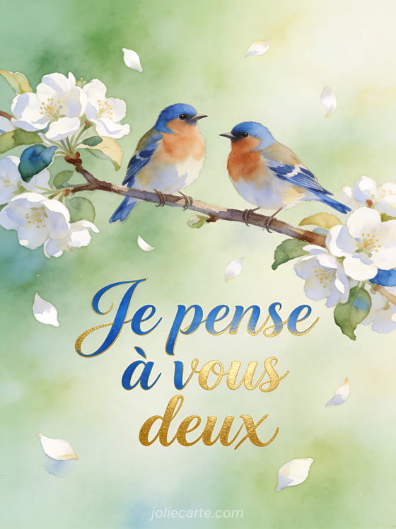Deux chardonnerets sur une branche de pommier en fleurs en aquarelle avec pétales blancs et le texte Je pense à vous deux