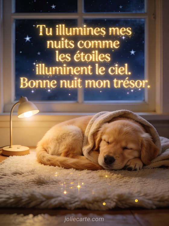 Chiot golden retriever endormi sur un tapis devant une fenêtre étoilée avec le texte Bonne nuit mon amour