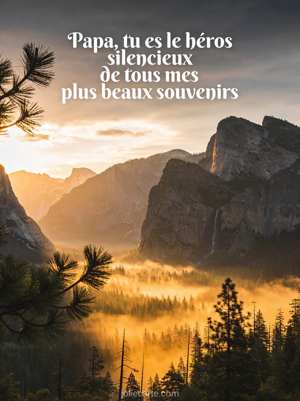 Paysage de montagne au lever du soleil avec brume dorée et pins et le texte Papa tu es le héros