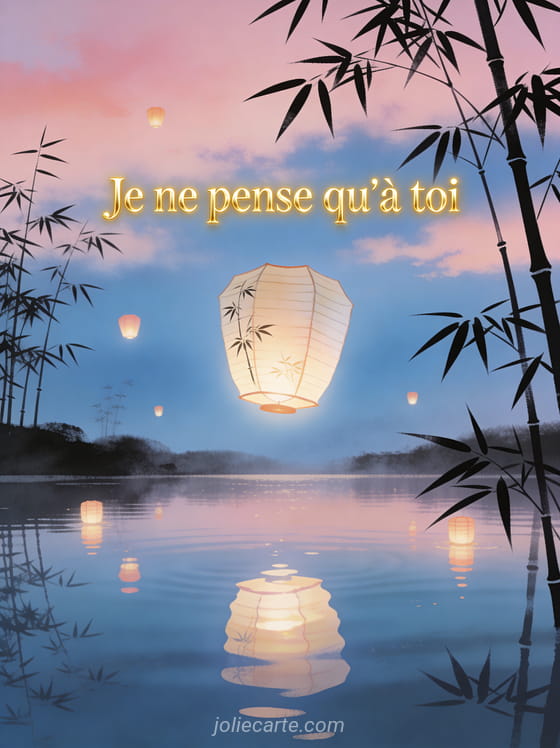 Lanterne en papier flottant dans un ciel crépusculaire avec reflet sur un lac et bambous et le texte Je ne pense qu'à toi