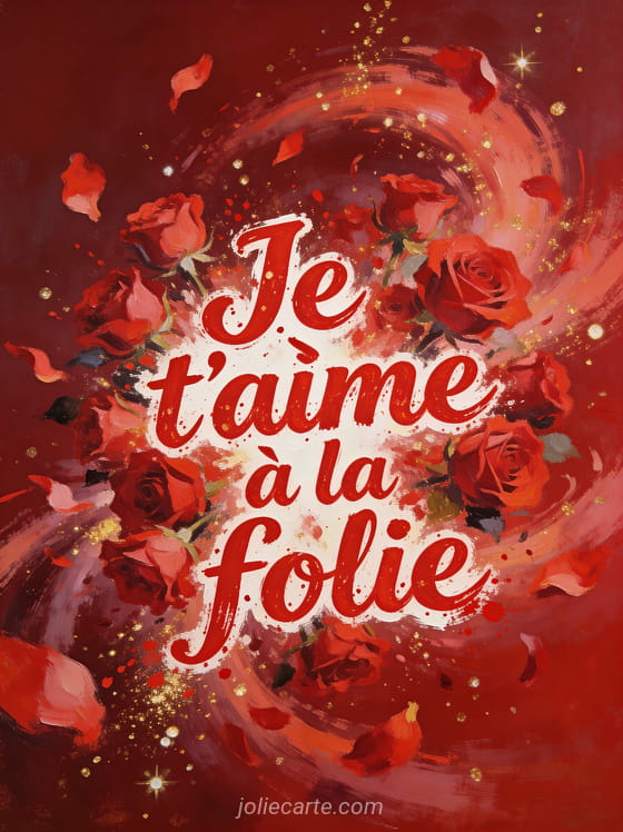 Explosion de roses rouges et pétales virevoltant avec particules dorées sur fond rouge et le texte Je t'aime à la folie