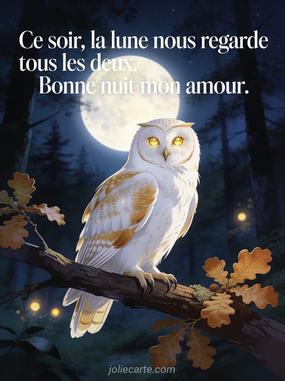 Chouette effraie perchée sur un chêne sous la pleine lune dans une forêt nocturne et le texte Bonne nuit à distance
