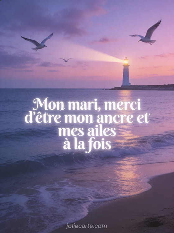 Mer calme au crépuscule avec phare illuminé et ciel violet et rose avec le texte Mon mari