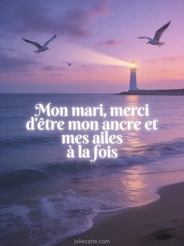 Mer calme au crépuscule avec phare illuminé et ciel violet et rose avec le texte Mon mari