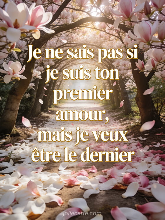 Allée de magnolias en fleur formant un tunnel avec pétales au sol et lumière tamisée et le texte Je veux être ton dernier amour