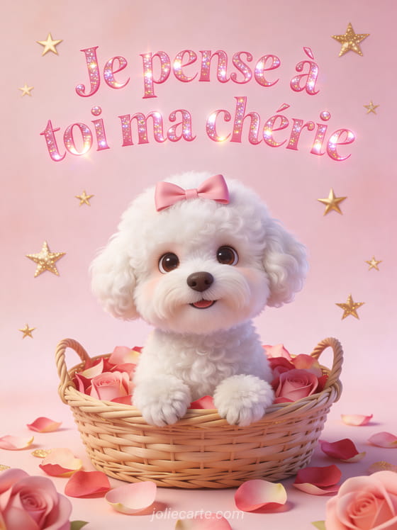 Bichon frisé blanc avec nœud rose dans un panier rempli de pétales de roses et fond rose poudré et le texte Je pense à toi ma chérie