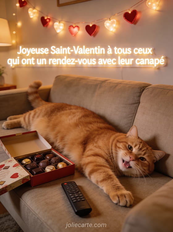 Gros chat roux allongé sur un canapé avec boîte de chocolats ouverte et guirlande de cœurs avec le texte Joyeuse Saint-Valentin rendez-vous avec le canapé