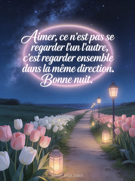 Chemin bordé de tulipes roses avec lanternes menant vers un ciel étoilé et le texte citation bonne nuit amour