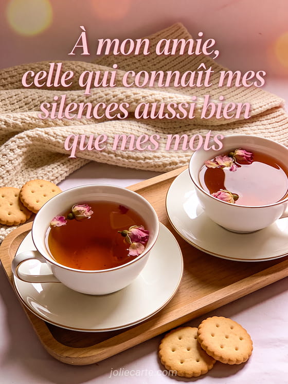 Deux tasses de thé en porcelaine avec fleurs séchées et biscuits sur plateau en bois avec le texte À mon amie