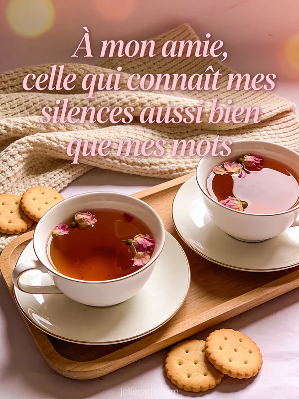 Deux tasses de thé en porcelaine avec fleurs séchées et biscuits sur plateau en bois avec le texte À mon amie