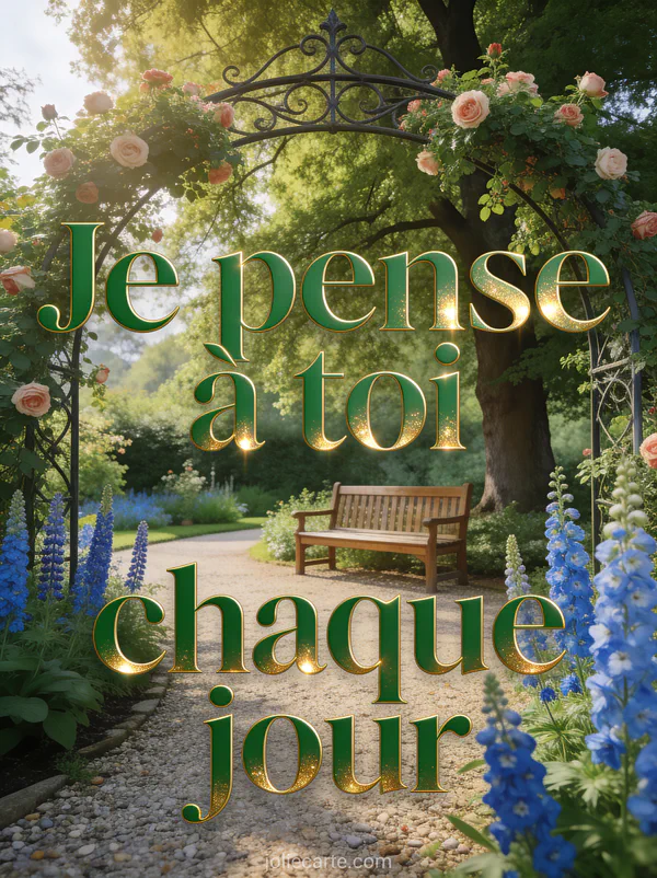 Jardin anglais avec rosier grimpant sur arche en fer forgé banc sous un tilleul et delphiniums et le texte Je pense à toi chaque jour