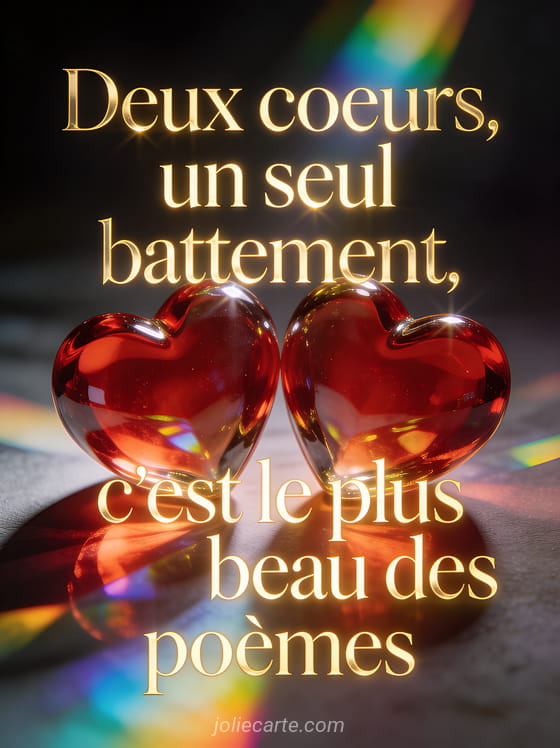 Deux cœurs en verre soufflé rouge avec lumière prismatique sur fond sombre et le texte Deux cœurs un seul battement