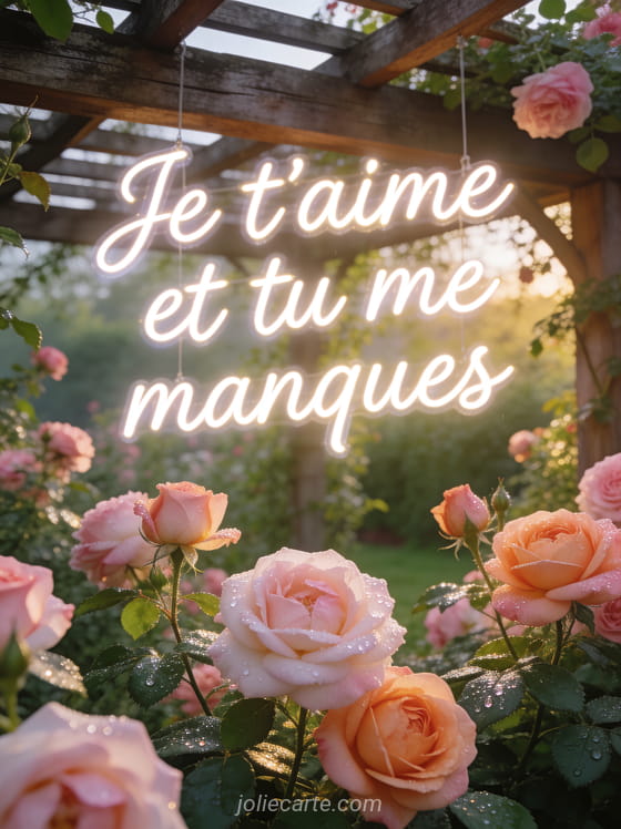 Jardin de roses anglaises rose pâle avec une tonnelle en bois et rosée du matin avec le texte Je t'aime et tu me manques