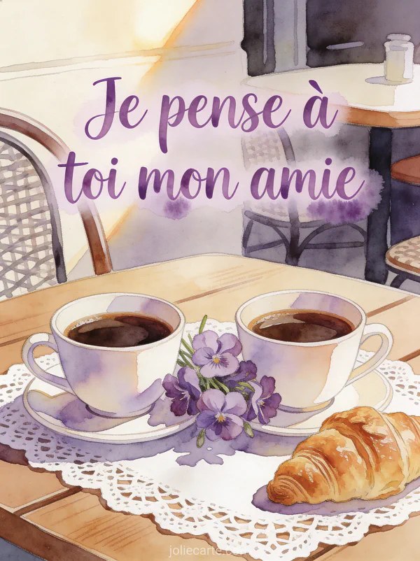 Deux tasses de café sur une table de bistrot avec violettes et croissants en aquarelle et le texte Je pense à toi mon amie