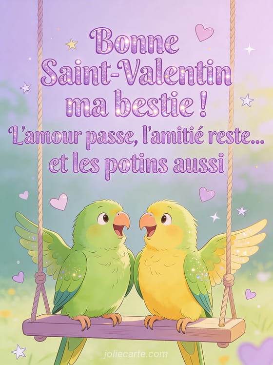 Deux perruches vertes et jaunes papotant sur une balançoire avec cœurs et étoiles et le texte L'amour passe l'amitié reste et les potins aussi
