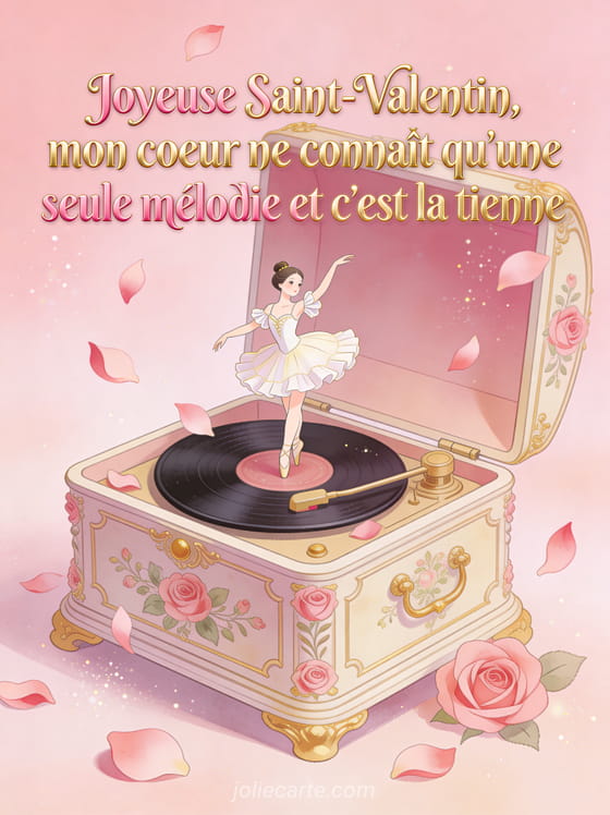 Boîte à musique ancienne ouverte avec pétales de rose sur fond rose poudré et le texte Joyeuse Saint-Valentin