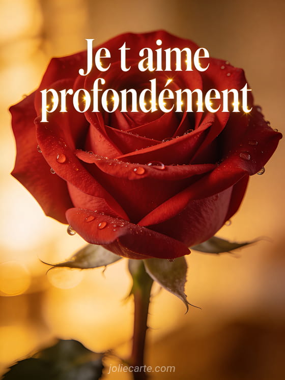 Rose rouge aux pétales veloutés avec des gouttes de rosée et le texte Je t'aime profondément en lettres blanches dorées