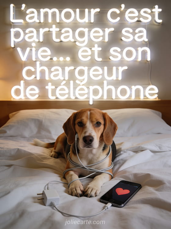 Chien beagle couché sur un lit avec un câble de chargeur et un téléphone avec cœur à l'écran et le texte L'amour c'est partager son chargeur