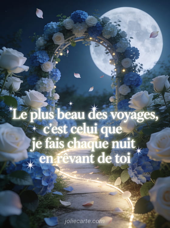 Jardin de roses blanches et hortensias bleus avec arche fleurie sous la pleine lune et le texte citation bonne nuit