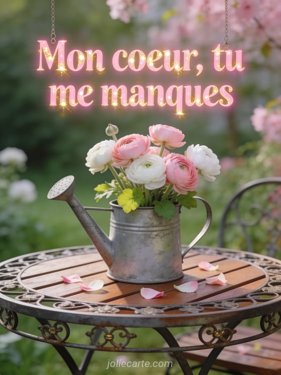 Renoncules roses et blanches dans un arrosoir en zinc sur une table de jardin avec le texte Mon cœur tu me manques