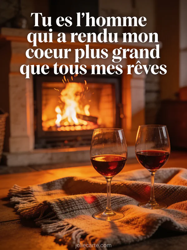 Deux verres de vin rouge devant une cheminée avec flammes dansantes et plaid et le texte Tu es l'homme