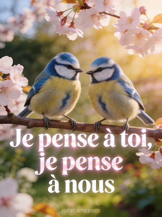 Deux mésanges bleues perchées côte à côte sur une branche de cerisier en fleurs avec le texte Je pense à toi je pense à nous