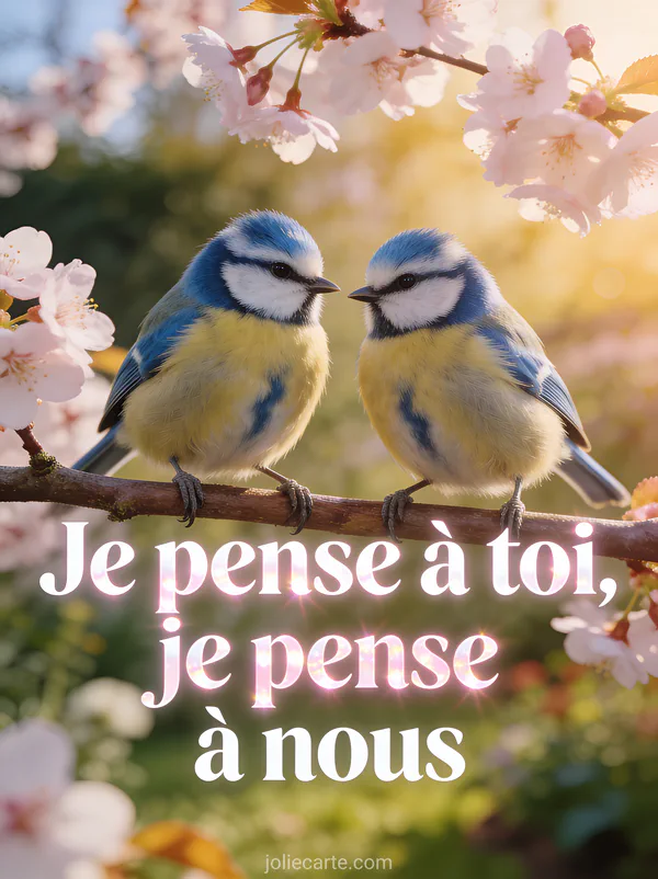 Deux mésanges bleues perchées côte à côte sur une branche de cerisier en fleurs avec le texte Je pense à toi je pense à nous