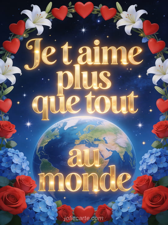Globe terrestre entouré de coeurs rouges, roses, lys blancs et hortensias avec le texte Je t'aime plus que tout au monde en lettres dorées sur fond étoilé