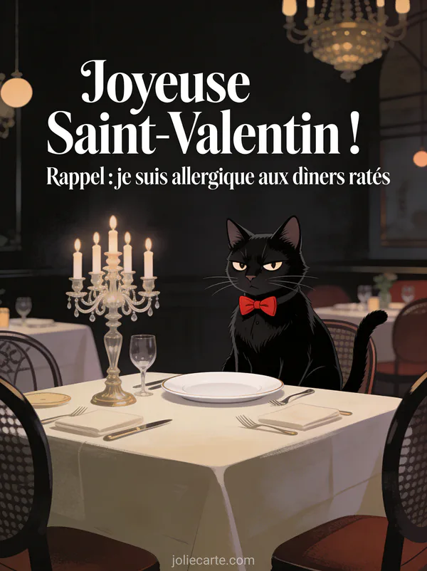 Chat noir avec nœud papillon rouge devant une table dressée avec chandelier et assiette vide et le texte Allergique aux dîners ratés