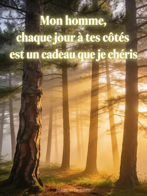 Forêt de pins au lever du soleil avec brume dorée et rayons de lumière et le texte Mon homme