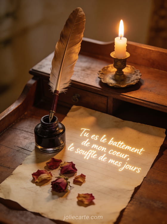 Lettre d'amour manuscrite sur papier ancien avec encrier plume d'oie et pétales de rose séchés à la bougie et le texte Tu es le battement de mon cœur