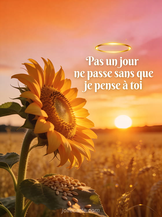 Tournesol lumineux tourné vers un soleil couchant dans un champ doré avec le texte Pas un jour ne passe sans que je pense à toi