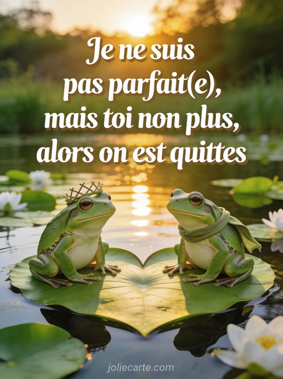 Deux grenouilles sur un nénuphar en forme de cœur au coucher de soleil avec le texte Je ne suis pas parfait mais toi non plus on est quittes