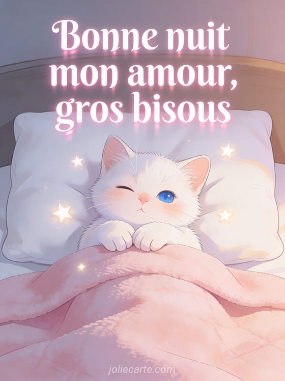 Chaton blanc aux yeux bleus endormi sur un oreiller moelleux avec étoiles et le texte Bisous bonne nuit mon amour