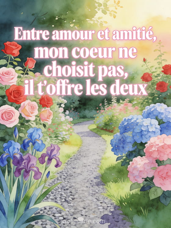 Jardin fleuri coloré avec roses iris et hortensias et allée de gravier avec le texte Mon cœur t'offre les deux
