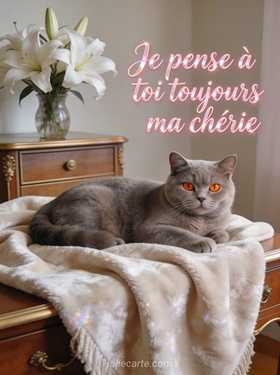 Chat british shorthair gris sur un plaid en cachemire avec vase de lys blancs et le texte Je pense à toi toujours ma chérie
