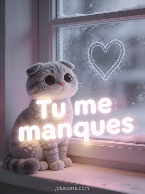 Chat scottish fold gris aux grands yeux à côté d'une fenêtre avec un cœur dans la buée et le texte Tu me manques