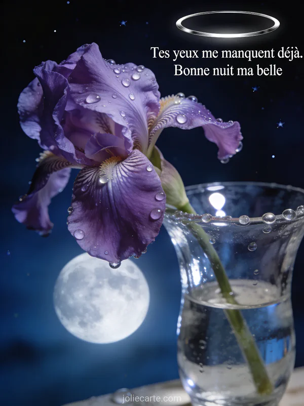 Iris violet dans un vase en verre avec lumière de lune et fond étoilé et le texte Bonne nuit ma belle