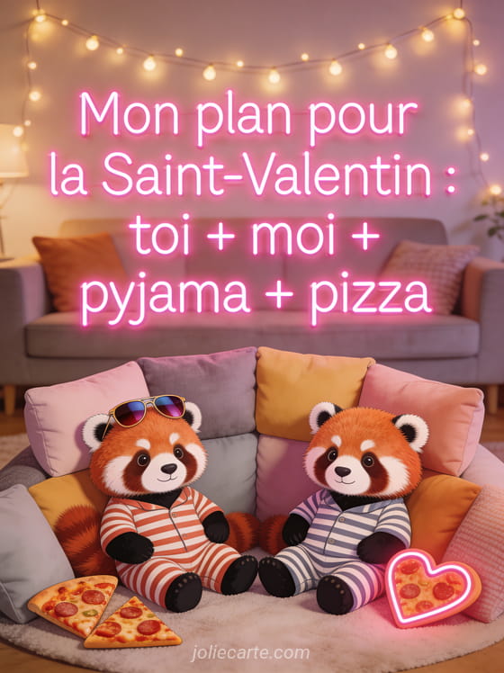 Deux pandas roux en pyjama dans un fort de coussins avec des parts de pizza en forme de cœur et le texte Mon plan pour la Saint-Valentin pyjama pizza