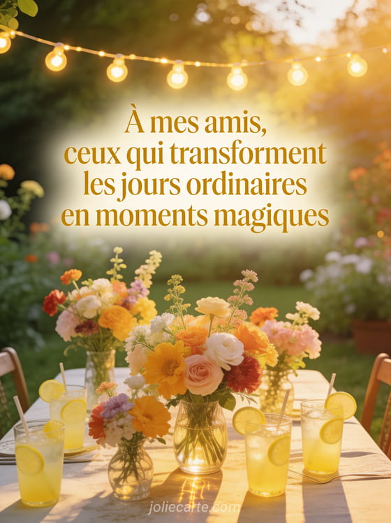 Guirlande lumineuse au-dessus d'une table de jardin avec bouquets de fleurs et limonade et le texte À mes amis