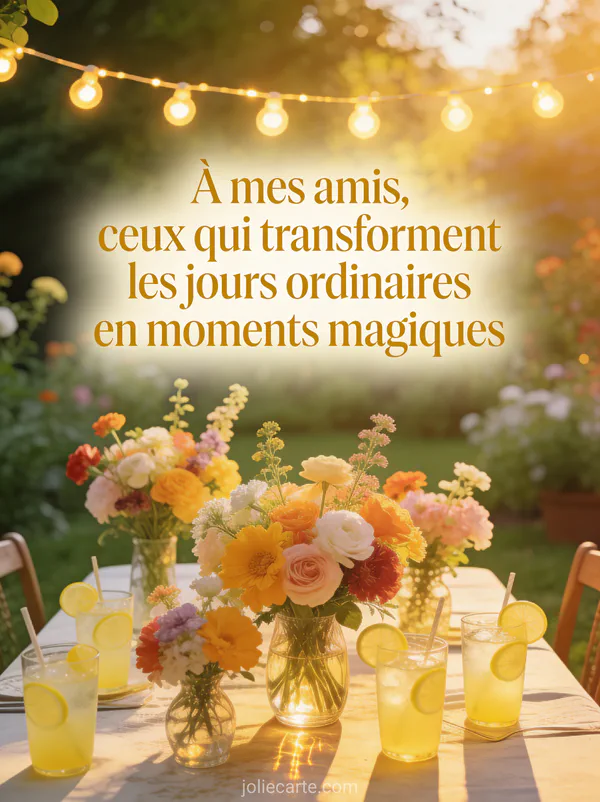 Guirlande lumineuse au-dessus d'une table de jardin avec bouquets de fleurs et limonade et le texte À mes amis