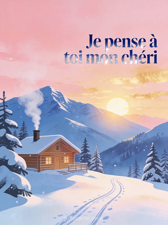 Paysage de montagne enneigée avec chalet en bois et sapins au lever du soleil rosé et le texte Je pense à toi mon chéri