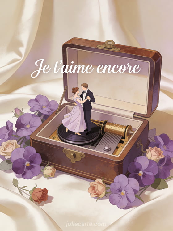 Boîte à musique ouverte entourée de violettes et roses anciennes sur tissu satiné ivoire avec le texte Je t'aime encore