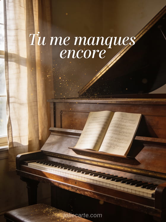 Piano à queue ancien dans une pièce vide avec une partition et lumière de fenêtre avec le texte Tu me manques encore