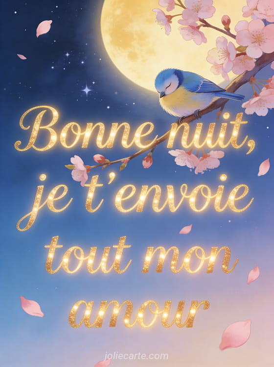 Mésange bleue endormie sur une branche de cerisier en fleurs sous un ciel étoilé et le texte Bonne nuit mon amour