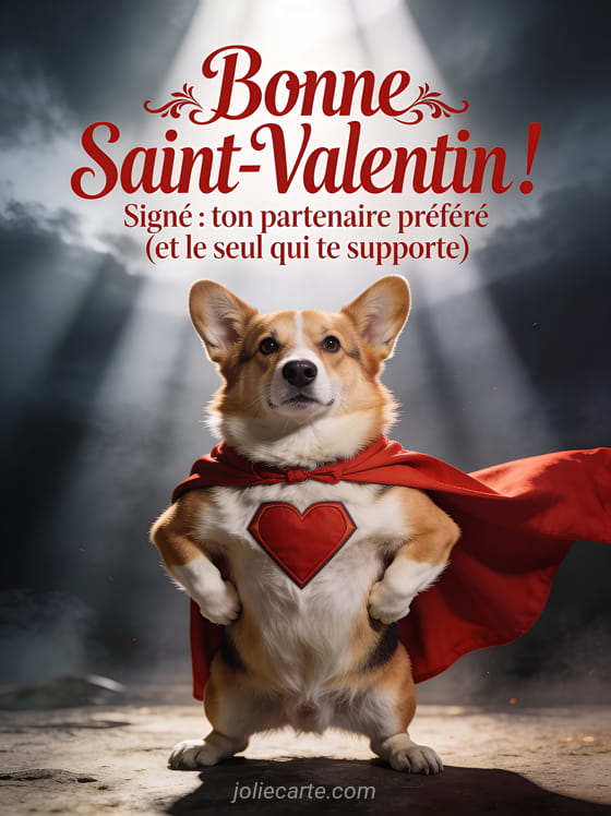Chien corgi en cape de super-héros rouge avec un cœur pose héroïque et le texte Ton partenaire préféré et le seul qui te supporte