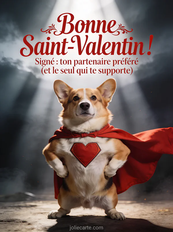 Chien corgi en cape de super-héros rouge avec un cœur pose héroïque et le texte Ton partenaire préféré et le seul qui te supporte